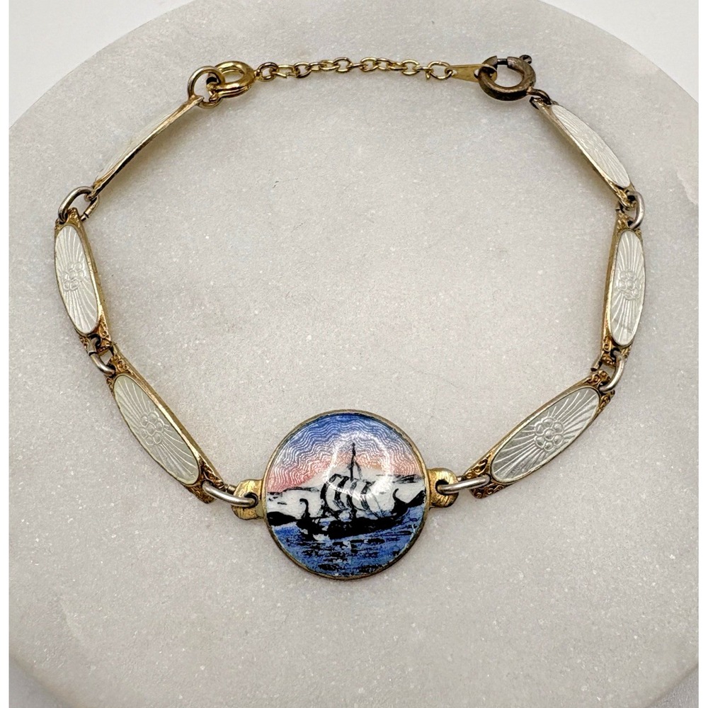 Vintage Sterling Silver Guilloche Enamel Bracelet Viking Ship Scandanavian READ